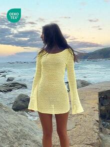 Women's Solid Color Sexy Hollow See-Through Backless Design Long Sleeve Coverup Crop Dress, Suitable For Beach Vacation, Spring/Summer White - 淺黃色 - 查看 2