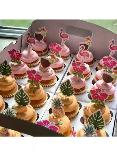 24/12件装热带夏威夷蛋糕装饰插牌，火烈鸟菠萝棕榈叶纸杯蛋糕插签，纸质牙签装饰，适合海滩生日派对和夏季户外派对蛋糕及甜点装饰
