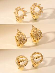 1 par de pendientes decorados con circonita dorada, adecuados para mujeres y niñas, se pueden usar como regalo de boda o para una cita - Dorado - Ver 1