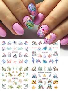 1张12款卡通可爱海龟夏季美甲贴纸，海洋动物海星水母珊瑚水转印美甲贴花水印美甲装饰美甲用品，适合女性及节日礼物 - 彩色 - 查看 4