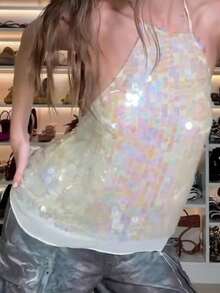 Women's Sequin Halter Tops Sparkly Backless Cute Summer Camisole Top - Champagne - View 4