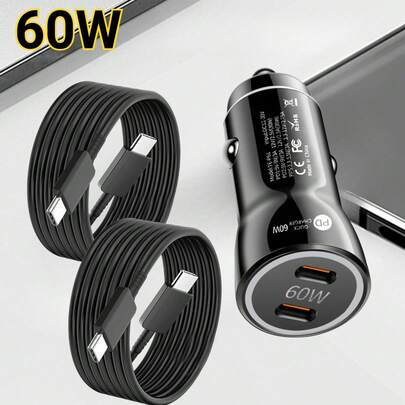 60W Dual-Port USB-C Car Charger Compatible With IPhone 17 Pro Max, Includes 2 USB-C To USB-C Charging Cables, Suitable For IPhone 16 Plus/16 Pro Max/15 Pro Max, Galaxy And More - Black
