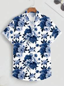 Blue Peony Blossoms Symbolize Elegance Prosperity And Vitality Presenting A Refined Natural Aesthetic 3D Print Casual Short Sleeve Men Shirt Summer Hawaiian Style Button Down Top - 白色 - 查看 1