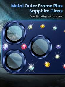 1 Set - Deep Blue 9H Tempered Glass Camera Lens Protector With Rhinestones, Ultra-Clear, Shatter-Proof, Anti-Scratch, Waterproof, Seamless Full Coverage, Smooth Edges, Anti-Scratch, Anti-Wear, Silky Touch, Shiny Camera Cover, Compatible With IPhone 17 Pro Max/17 Pro Series - Dark Blue - View 3