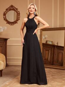 优雅女士无袖褶皱雪纺正式晚礼服，夏季露背黑色雪纺正式派对长裙，适合婚礼宾客、鸡尾酒会、伴娘、舞会等场合。 - 黑色 - 查看 5