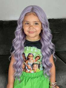 Kids Purple Long Roll Synthetic U-Part Lace Wig Mid-Split Bangs Large Wave Curly Hair Long Wig - Multicolor - View 4