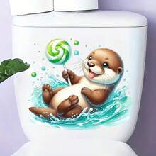 1张可爱水獭戏水舔棒棒糖图案马桶座贴纸，可移除自粘防水PVC贴纸，适用于家居浴室、马桶座圈或水箱装饰 - 馬桶貼紙 - 查看 3