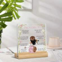 Una placa acrílica 2D con una base de madera, que presenta versículos del Proverbios 31:13 y diseños florales suaves. - A - Ver 1