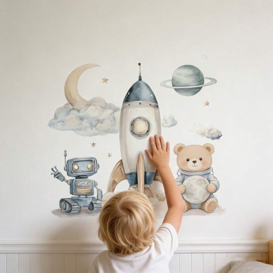卡通宇航员熊墙贴，动物主题贴纸，适用于儿童房和卧室、幼儿园墙面装饰、客厅背景，非常适合墙面装饰和派对背景。 - 彩色 - 查看 1