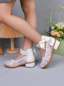 1 Pair Embroidered Mesh Mary Jane Shoes For Girls, Pearl Ankle Strap With Bow Decor, Elegant Versatile For Party & Daily Wear - White - View 4