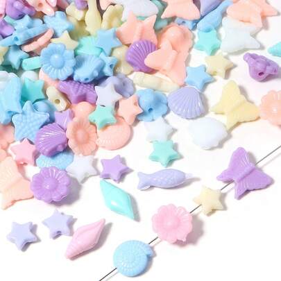 100颗/包 亚克力混色珠子，马卡龙色花朵、蝴蝶、动物造型珠子，适用于手链、项链、DIY饰品、卡通儿童玩具、钥匙扣、手机挂饰