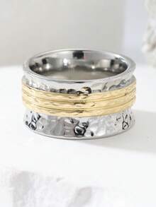 Fashionable Minimalist Metal Wire Designed Dual-Tone Wide Ring, Suitable For Women's Wedding, Party, And Daily Wear, A Versatile Jewelry Accessory - Silver - View 5