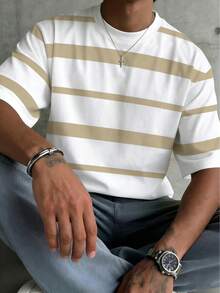Áo thun cổ tròn kẻ sọc kaki trắng tối giản, áo thun nam tay ngắn dáng rộng thoải mái - trắng - Xem 2