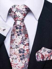 1 Set de corbata, pañuelo de bolsillo y gemelos de 3 piezas con estampado floral para hombres, adecuado para accesorios formales de novio en bodas y atuendo de negocios - colores mezclados - Ver 4