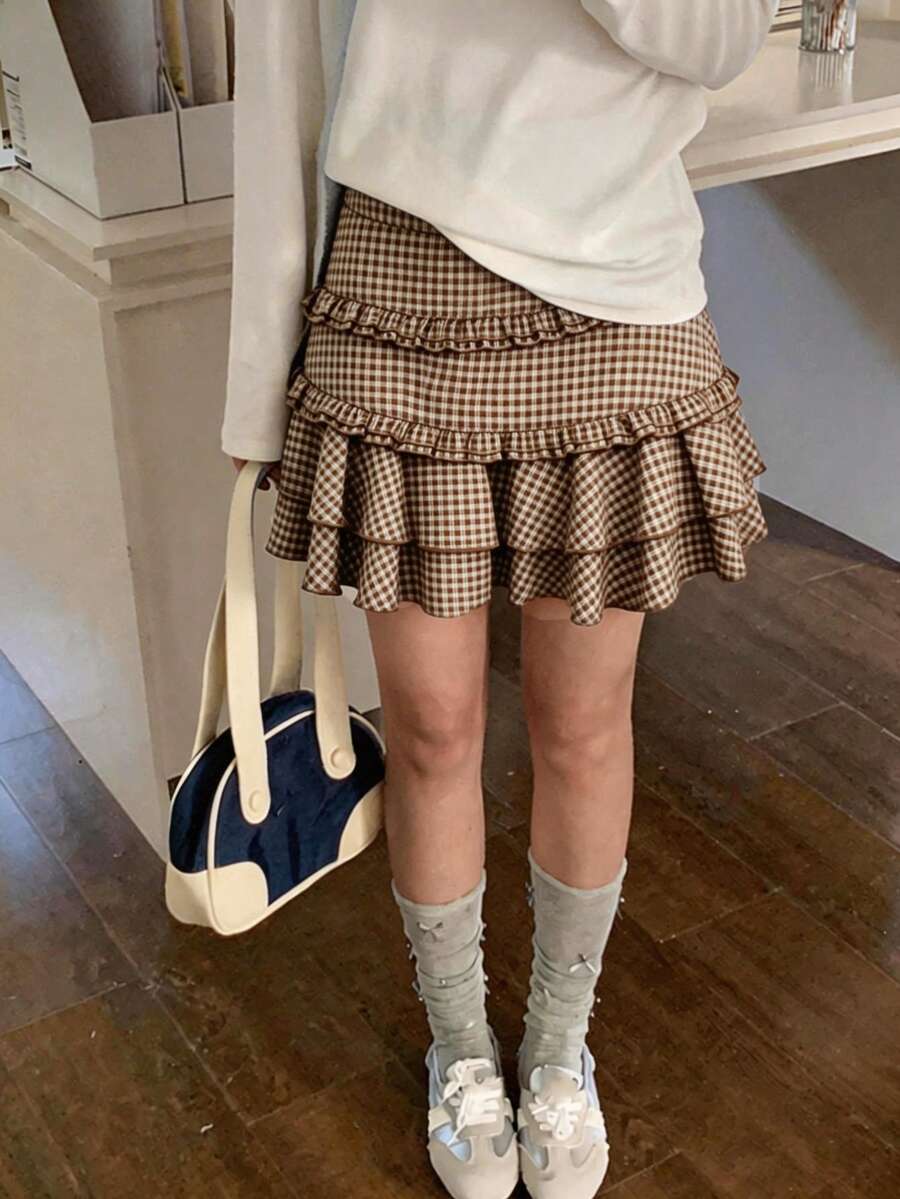 Vintage Plaid Skirt For Women, Autumn Design Ruffled Hem Slim Fit Versatile Skirt