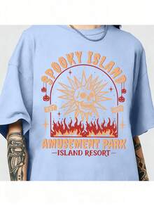 Spooky Island Amusement Park T-Shirt, Retro 2000s Halloween Movie Shirt, Disco Skull, Summer Spooky T-Shirt, 90s Nostalgia Halloween Tee For Halloween - 淺藍色 - 查看 1
