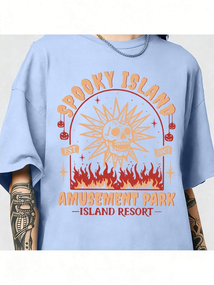 Spooky Island Amusement Park T-Shirt, Retro 2000s Halloween Movie Shirt, Disco Skull, Summer Spooky T-Shirt, 90s Nostalgia Halloween Tee For Halloween - 淺藍色 - 查看 1