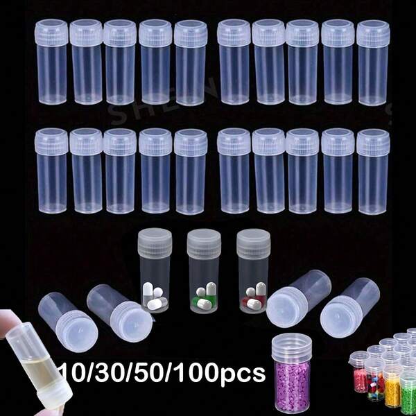 2/10/30/50/100 piezas Miniaturas de contenedores de plástico, 5ml y 7ml, tarros de almacenamiento de cuentas, cajas organizadoras de accesorios, herramientas de almacenamiento para pintura de diamantes DIY, mini contenedores de almacenamiento para arte de mosaico de cristal, botellas redondas transparentes con tapas, tarros de almacenamiento de cuentas, cajas organizadoras portátiles multifuncionales
