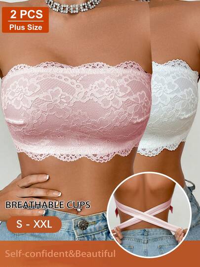 2pcs Strapless Invisible Design Women Lace Patchwork Bras, Floral Jacquard Pattern, Suitable For Wedding, Beach, Casual, Comfortable, Wireless, Backless, Thin Sports Bra