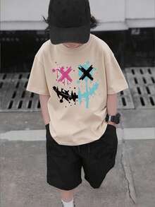 Cute Boy Cotton Round Neck T-Shirt, Casual And Comfortable Spring/Summer Short Sleeved Printed Children's Top - 杏色 - 查看 2