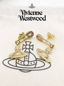 Vivienne Westwood Lucrece Collection Pin Saturn Earrings Gold Tone, Brass, Rhinestone Embellished - 金色 - 查看 6