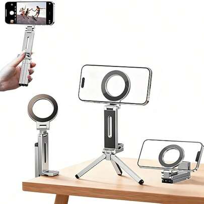 Alloy Magnetic 360° Rotatable Foldable Slouchy Phone Stand With Clamp And Tripod Base Super Strong Adhesion Foldable Design Portable Durable Suitable For Car Desk Office Travel Bedroom Fits All Phone Models Hands-Free For TV Watching Navigation Stable Anti-Shake Metal Stand Spring Gift