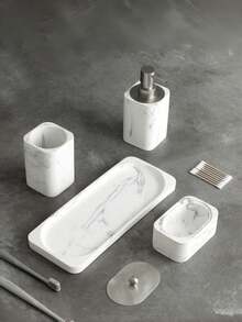 4pcs Marble Bathroom Accessories Set, Including Tumbler, Soap Dispenser, Cotton Swab Holder And Vanity Tray, Bathroom Home Decor - Multicolor - View 4