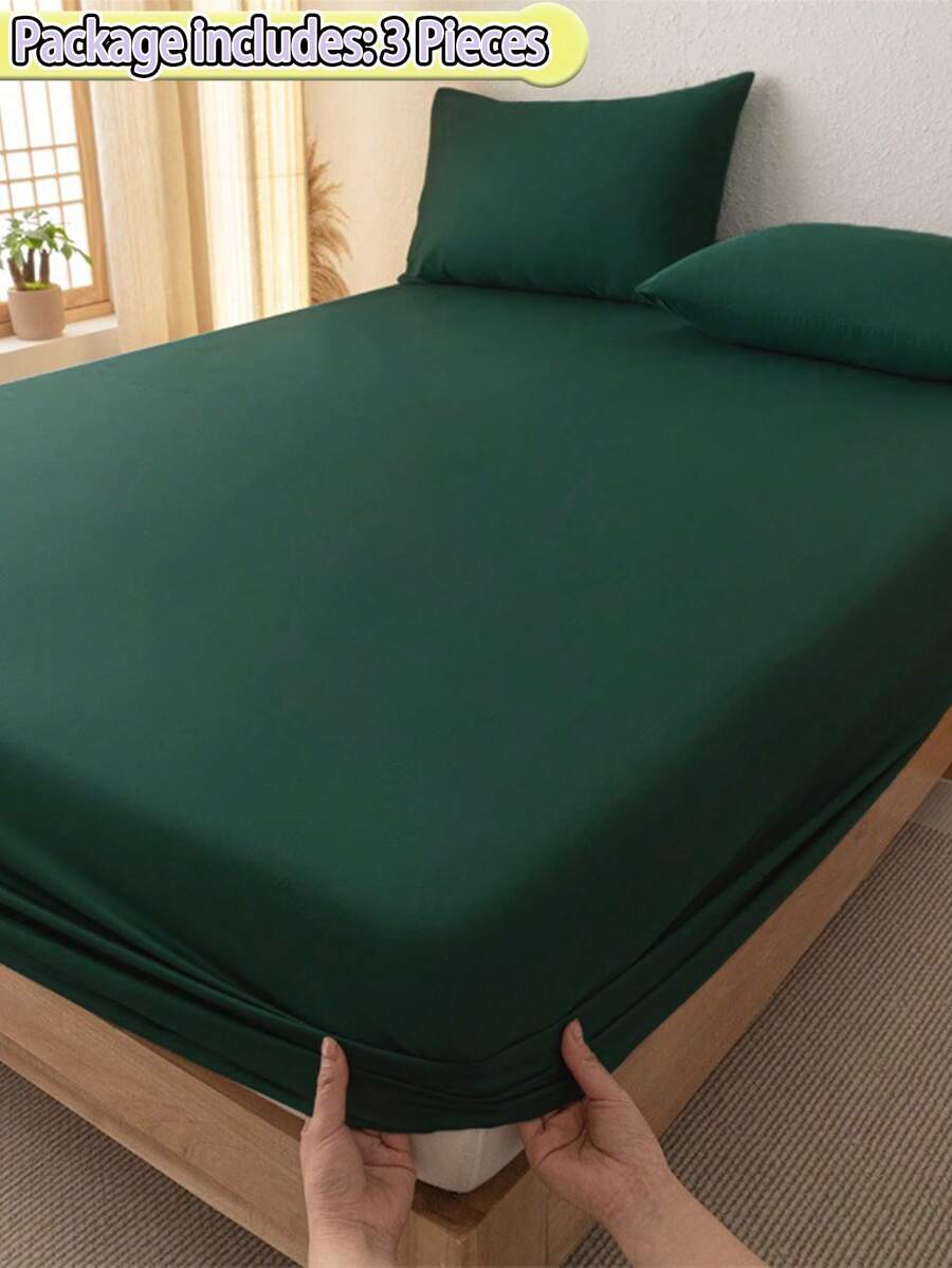 1 Fitted Sheet + 2 Pillowcases 3 PiecesSoft Brushed Bedding Set, Suitable For Bedroom & Guest Room, All Season, Machine Washable, Colors: Olive Green / Blue / Dark Coffee - Dark Green - View 1