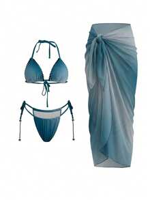 3件套女士蓝色性感优雅渐变三角罩杯比基尼套装，包含渐变系腰纱笼裙，适合春夏休闲海滩、泳池派对等场合，时尚泳装度假之选。 - 彩色 - 查看 3