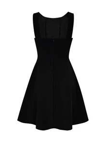 Latest Summer Sleeveless Black Casual Vacation & Commute Fashion Double-Breasted Button Decor Dress For Women, Elegant Business Style Date Dress - Black - View 8