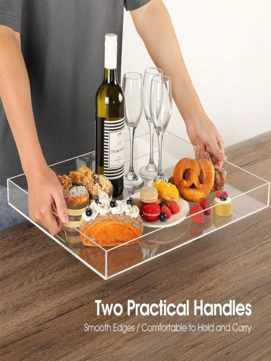 1pc Acrylic Tray, Luxury Transparent Fruit Plate, Hotel & Home Use Storage Tray For Cosmetics, 20cm/30cm/35cm/40cm Thick Transparent Rectangular Acrylic Tray, Plastic Cutlery Holder For Tea Cups And Water Glasses, Simple Style Suitable For Hotel, Living Room, Dining Room, Kitchen, Transparent/Black Acrylic Storage Tray
