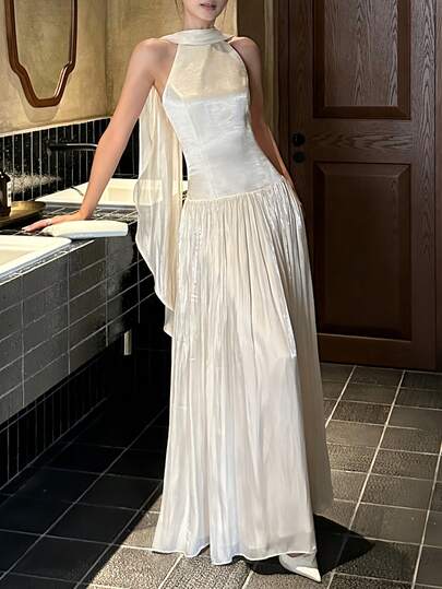 Elegant Women's Satin Slip Pleated Dress, Suitable For Graduation Ceremony And Gala, Luxury Bridesmaid Dress, Flowing Wedding Guest Outfit, Holiday Travel Attire Spring Party