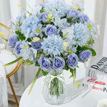 Buquê de hortênsias artificiais bordadas em seda, 1 peça, 29 cm (11,41 polegadas), rosas artificiais de chá para vaso de casamento na primavera, decoração de casa, sala de jantar, quarto, feriados, festa de aniversário, jardim externo, presente de Dia dos Namorados, decoração de baile de formatura. - Azul - Ver 2