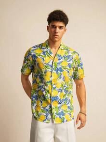 Bright Lemon And Blue Floral Pattern Symbolizes Joyful Summer Freshness And Vitality On A Stylish Lightweight 3D Printed Men Short Sleeve Hawaiian Shirt Perfect For Casual Beach Wear - 白色 - 查看 1