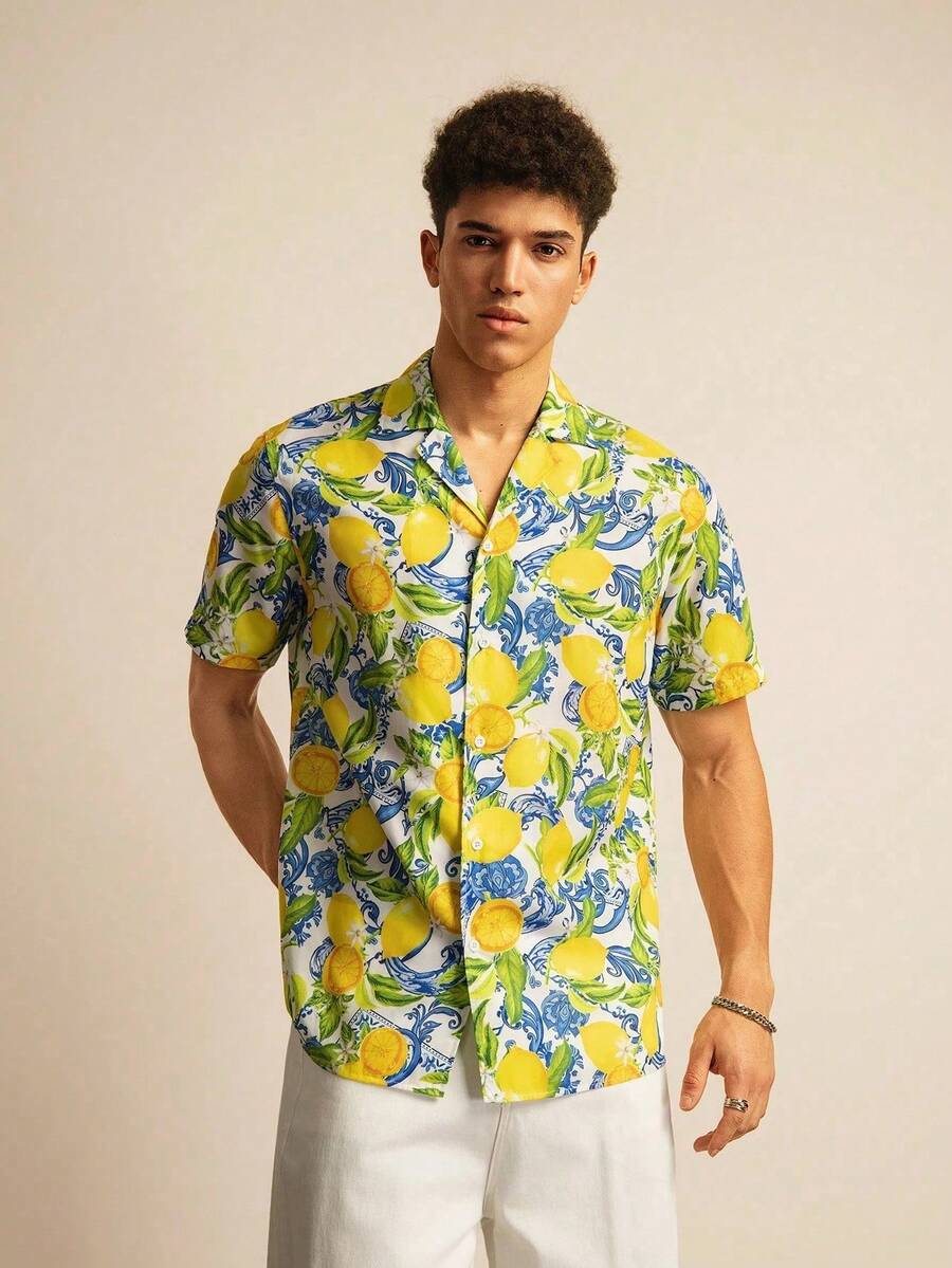 Bright Lemon And Blue Floral Pattern Symbolizes Joyful Summer Freshness And Vitality On A Stylish Lightweight 3D Printed Men Short Sleeve Hawaiian Shirt Perfect For Casual Beach Wear - 白色 - 查看 1