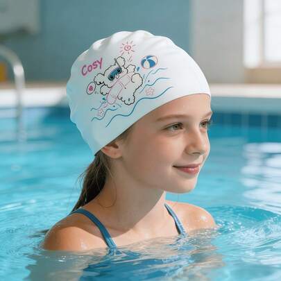 Mũ bơi họa tiết cún con trắng dễ thương dành cho người lớn và trẻ em, mũ bơi chống thấm nước bảo vệ tai cho nam và nữ.