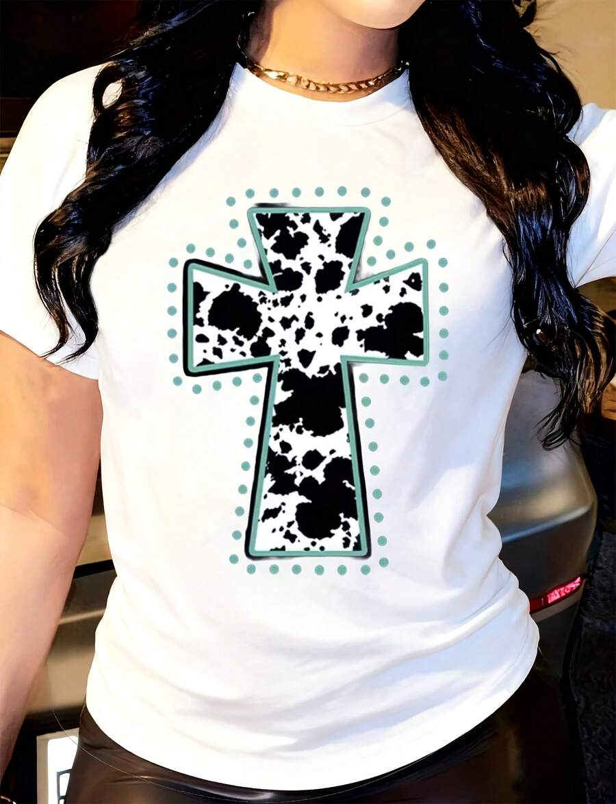 Women's T-Shirt Cow Print Cross Design Pattern Casual,Crew Neck Short Sleeve Tee , Perfect For Birthday Gift Suitable For All Season Wear, Everyday Outdoors - White - View 1