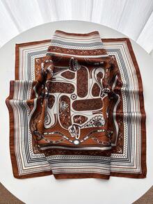 1条女士方形缎面印花头巾，时尚头带围巾披肩颈巾 - 咖啡棕 - 查看 2