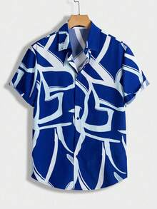 Abstract Ocean Waves And Soaring Bird Lines Symbolize Freedom And Vibrant Summer Energy 3D Printed Casual Short Sleeve Mens Shirt Beach Style Button Up Top - 白色 - 查看 1