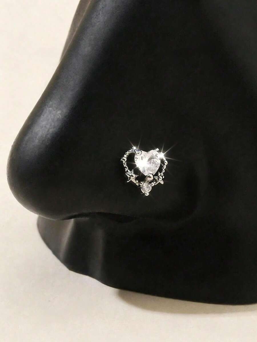 1 pieza Nariguera de acero inoxidable con diamante en forma de corazón, color plateado - Plateado - Ver 1