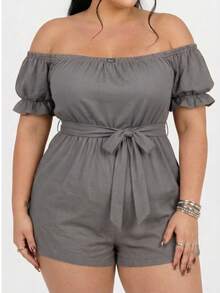 Short Romper Plus Size  Off-The-Shoulder Gringa Fashion Summer Ruched Sleeves Bow Fitted Casual Wear Shopping Holidays - Grey - View 9