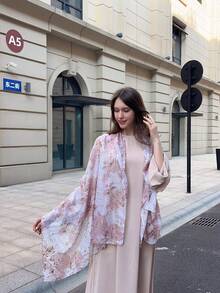1件装女士印花金箔透气头巾，优雅女士印花编织花卉披肩，日常装饰围巾，沙滩，假日 - 粉色 - 查看 3
