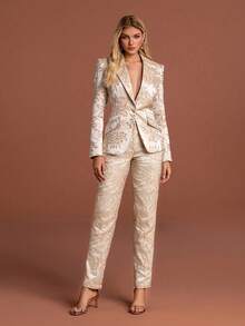Chic Women's Two Pieces Suit With Lapel Collar Blazer And Matching Trousers, Featuring Exquisite Floral Pattern And Regular Sleeves - Apricot - View 3