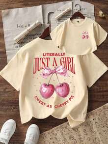 Tween Girl Creative Bow & Cherry Print T-Shirt, Soft & Comfortable Fabric, Suitable For Girls' Outdoor Sports, Daily Wear, Street & Campus Style, Fashionable Spring/Summer Casual Versatile Top - Apricot - View 5