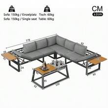 Modular Outdoor Sofa Set With Adjustable Backrest, Folding Armrests And Metal Ice Bucket, 10 Cm Thick Cushions For Terrace, Balcony, Poolside, Grey/Beige - 灰色 - 查看 2