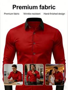 2026 春季男士红色长袖衬衫，黑色撞色领口、袖口和门襟饰边商务正装衬衫 - 紅色 - 查看 5