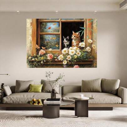 Con marco 1 pieza de arte de lienzo con gato y mariposa con marco de madera - Decoración de pared lista para colgar para dormitorio o sala de estar, encantador gatito en el alféizar de la ventana con detalles florales e insectos, decoración de gato