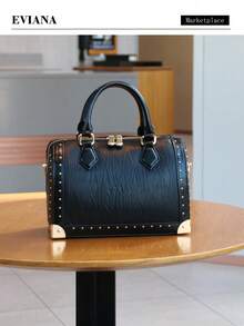 2025 New Fashionable High-End Women's Handbag, Large Capacity Boston Cushion Bag, Vintage Rivet Box Shoulder Bag, Versatile Personalized Street-Style Top Handle Satchel, Structured Box Bag - 彩色 - 查看 13