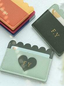 1pc Custom Name Duotone Scallop Card Case Customized Initals Credit Card Holder, Custom Engraved Credit Card Holder With Golden Lettering, Personalized Pu Leather Credit Card Holder Wallet ,With A Fun Scalloped Shape Personalized Golden Monogram Slim Id Card Wallet With 3 Slots Synthetic Leather Slim Front Pocket Wallet - Multicolor - View 6