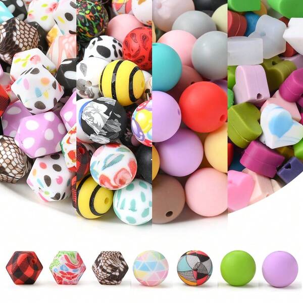 15-60pcs Assorted Printed Silicone Beads, 12&14&15mm Printed Octagon Beads, Printed Round Beads, Heart-Shaped Beads, Solid Color Round Beads, Suitable For Beginners, Home Decor DIY, Jewelry Making, Bracelets, Necklaces, Keychains, Phone Charms, Bag Accessories, Crafts